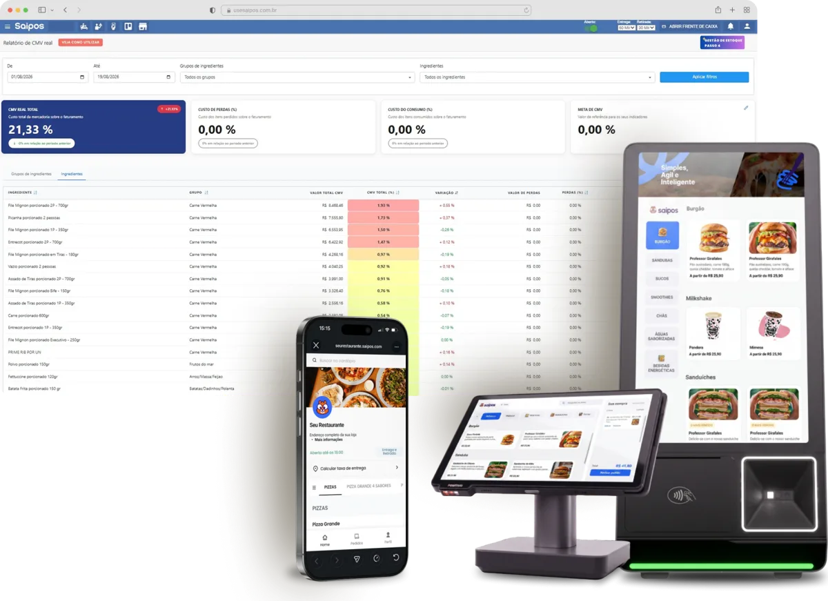 ERP para restaurantes Saipos: relatório de CMV, PDV, totem de autoatendimento e cardápio digital